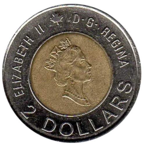 2 Canadian Dollar (Toonie) Coin Front Issued 1996 Accepted For Exchange