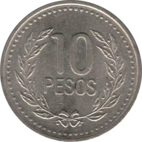 10 Colombian Peso Coin Front Issued 1989 Accepted For Exchange