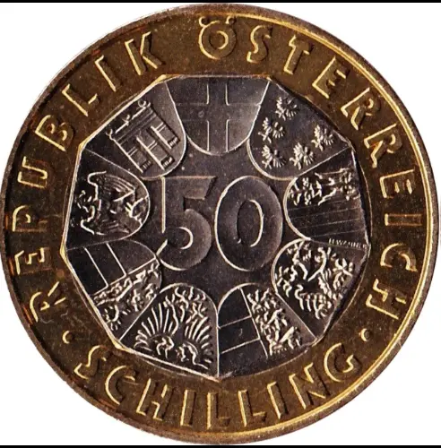 50 Austrian Schilling Coin front 1996 accepted for exchange