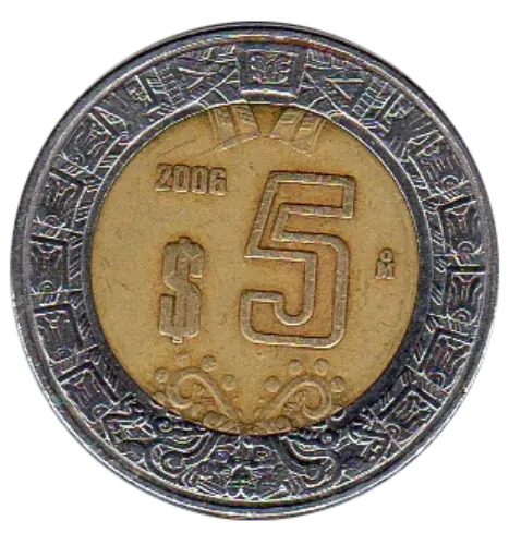 5 Mexican Peso Coin Obverse First Issued 1992 Accepted For Exchange