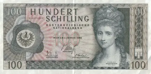 100 Austrian Schilling banknote (Angelika Kauffmann) Front Accepted For Exchange 1969