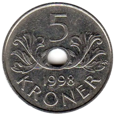5 Norwegian Kroner Coin Obverse First Issued 1998 Accepted For Exchange