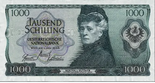 1000 Austrian Schilling banknote (Bertha von Suttner) Front Accepted For Exchange 1966
