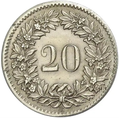 20 Rappen Swiss Franc Coin First Issued 1850 Front Accepted For Exchange