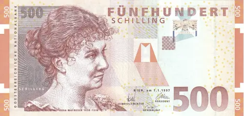 Austrian 500 Schilling(Rosa Mayreder) Banknote Front Issued 1997 accepted for exchange