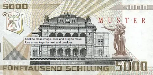 Austrian 5000 Schilling (Wolfgang Amadeus Mozart) Banknote Front Issued 1988 accepted for exchange