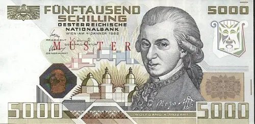 Austrian 5000 Schilling (Wolfgang Amadeus Mozart) Banknote Front Issued 1988 accepted for exchange