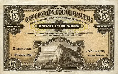 Gibraltar 5 Pound Banknote Front Issued 1958 Accepted For Exchange
