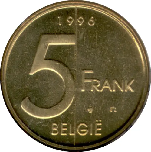 5 Belgian Francs coin (Albert II) issued 1994 front accepted for exchange
