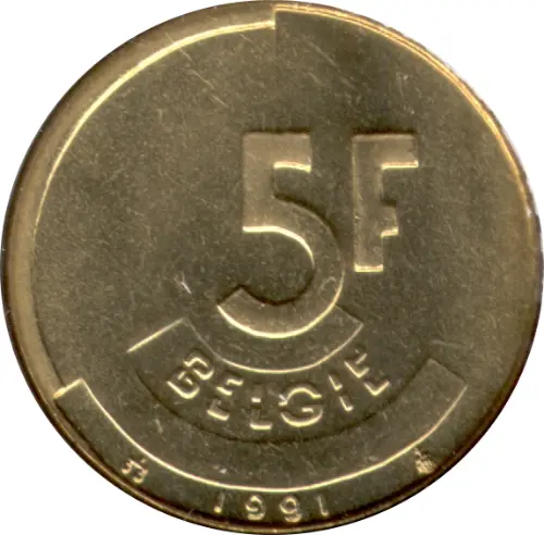 5 Belgian Francs Coin (Baudouin) issued 1986 front accepted for exchange
