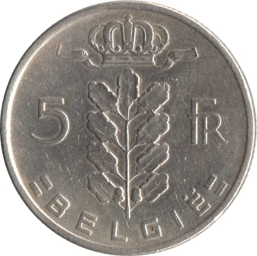 5 Belgian Francs coin (Ceres) issued 1948 front accepted for exchange