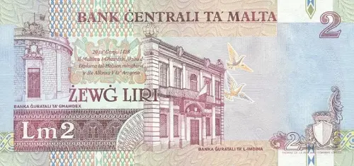 Maltese 2 Liri Banknote Front Issued 1994 Accepted For Exchange