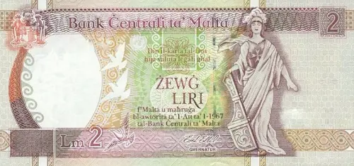 Maltese 2 Liri Banknote Front Issued 1994 Accepted For Exchange