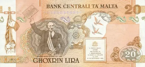 Maltese 20 Liri Banknote Front Issued 1994 Accepted For Exchange