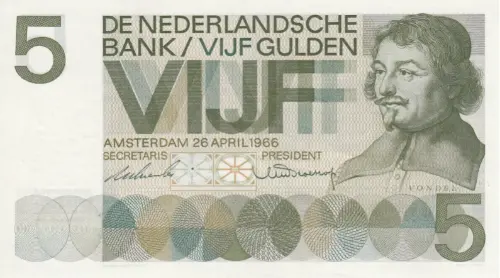 Dutch 5 Guilder Banknote Front Issued 1966 Accepted For Exchange
