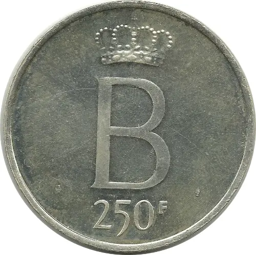250 Belgian Francs coin (Baudouin) front issued 1976 accepted for exchange