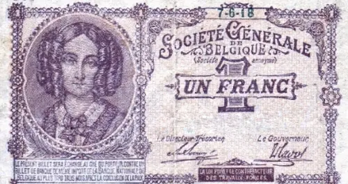 Belgian 1 Franc Note (Societe Generale) Front Issued 1915 accepted for exchange