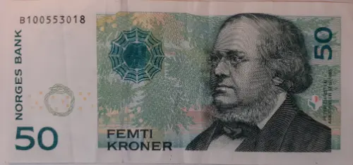 Norwegian 50 Kroner Banknote Front Issued 1996 (Peter Christian Asbjornsen) Front Accepted For Exchange