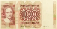 Norwegian 100 Kroner Banknote Front Issued 1993 Accepted For Exchange