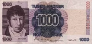 Norwegian 1000 Kroner Banknote Front Issued 1990 Accepted For Exchange