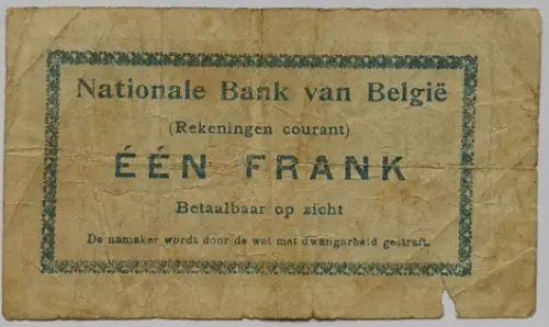 Belgian 1 Franc (Comptes courants) front issued 1914 accepted for exchange