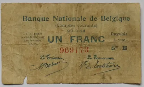 Belgian 1 Franc (Comptes courants) front issued 1914 accepted for exchange