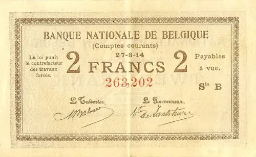 Belgian 2 Franc (Comptes courants) front issued 1914 accepted for exchange
