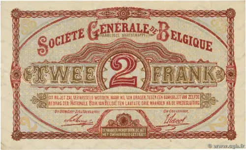 Belgian 2 Franc (Societe Generale) front issued 1915 accepted for exchange