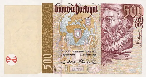 Portuguese 500 Escudos Banknote Front Issued 2000 Accepted For Exchange