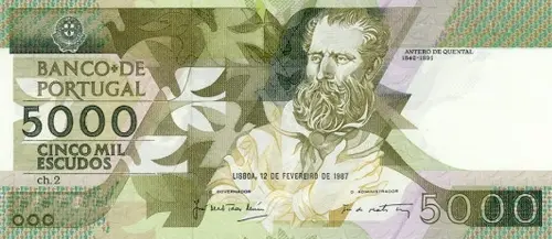 Portuguese 5000 Escudos Banknote Front Issued 1987 Accepted For Exchange
