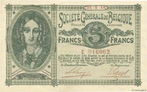 Belgian 5 Franc (Societe Generale) front issued 1915 accepted for exchange