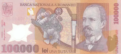 Romanian 100000 Lei Banknote Front Issued 2001 Accepted for Exchange