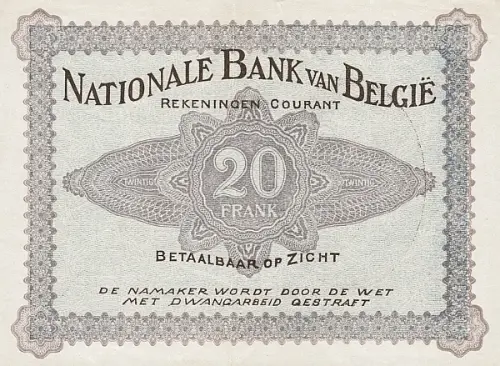 Belgian 20 Franc (Comptes courants) front issued 1914 accepted for exchange