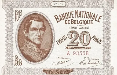 Belgian 20 Franc (Comptes courants) front issued 1914 accepted for exchange