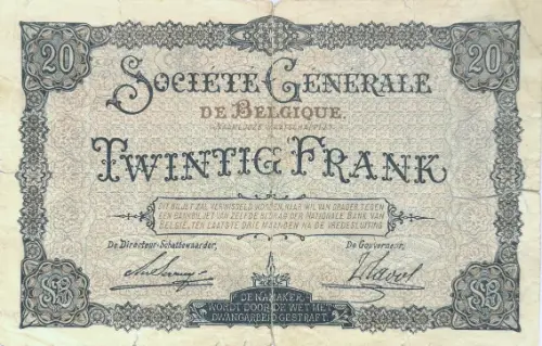 Belgian 20 Franc (Societe Generale) front issued 1914 accepted for exchange