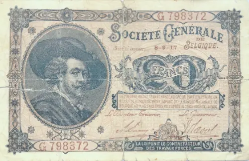 Belgian 20 Franc (Societe Generale) front issued 1914 accepted for exchange
