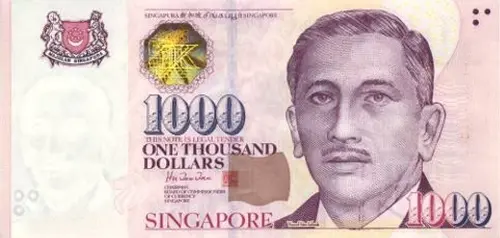 Singapore 1000 Dollar Banknote Front Issued 1999 Accepted For Exchange