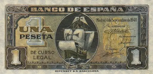 Spanish 1 Peseta Banknote Front Issued 1940 Accepted For Exchanged