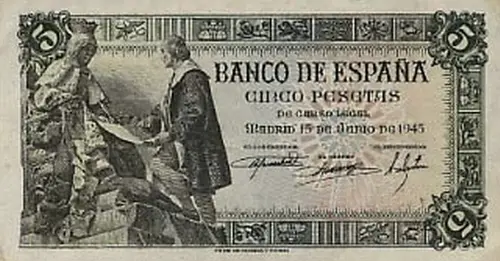 Spanish 5 Peseta Banknote Front Issued 1945 Accepted For Exchange