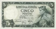 Spanish 5 Peseta Banknote Front Issued 1954 Accepted For Exchange