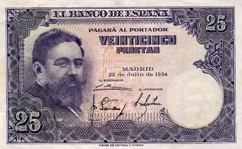 Spanish 25 Peseta Banknote Front Issued 1954 Accepted For Exchange