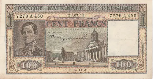 Belgian 100 Franc Banknote (type Dynastie) Front Issued 1945 accepted for exchange