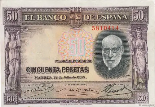 Spanish 50 Peseta Banknote Front Issued 1935 Accepted For Exchange
