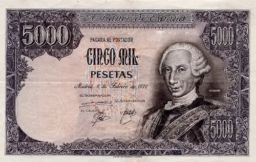Spanish 5000 Peseta Banknote Front Issued 1976 Accepted For Exchange