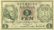 Swedish 5 Krona Banknote Front Issued 1948 Accepted For Exchange