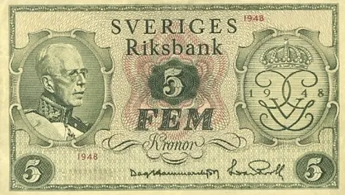 Swedish 5 Krona Banknote Front Issued 1948 Accepted For Exchange