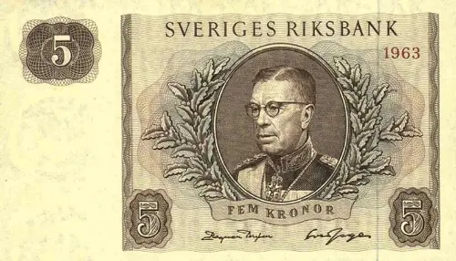Swedish 5 Krona Banknote Front Issued 1963 Accepted For Exchange