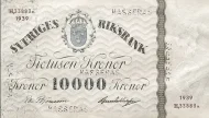 Swedish 10000 Krona Banknote Front Issued 1939 Accepted For Exchange