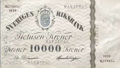 Swedish 10000 Krona Banknote Front Issued 1939 Accepted For Exchange