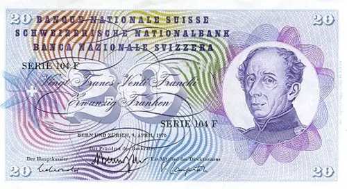 Swiss 20 Franc Banknote Front Issued 1976 Accepted For Exchange